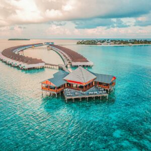 aerial photography of resort rooms and island